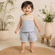 Baby Girls Sky Blue Daisy Embroidered Muslin Top and Lace Shorts Set