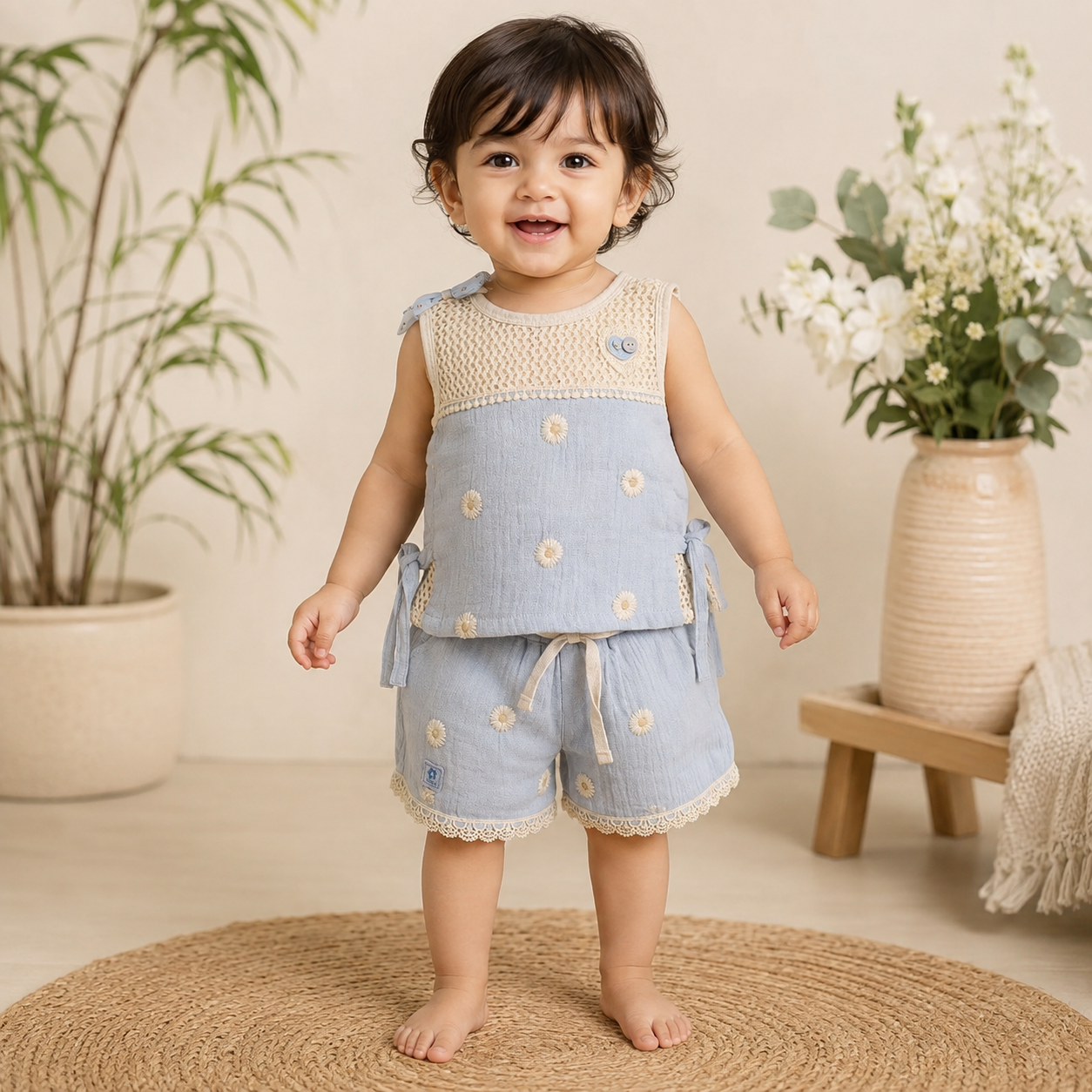 Baby Girls Sky Blue Daisy Embroidered Muslin Top and Lace Shorts Set