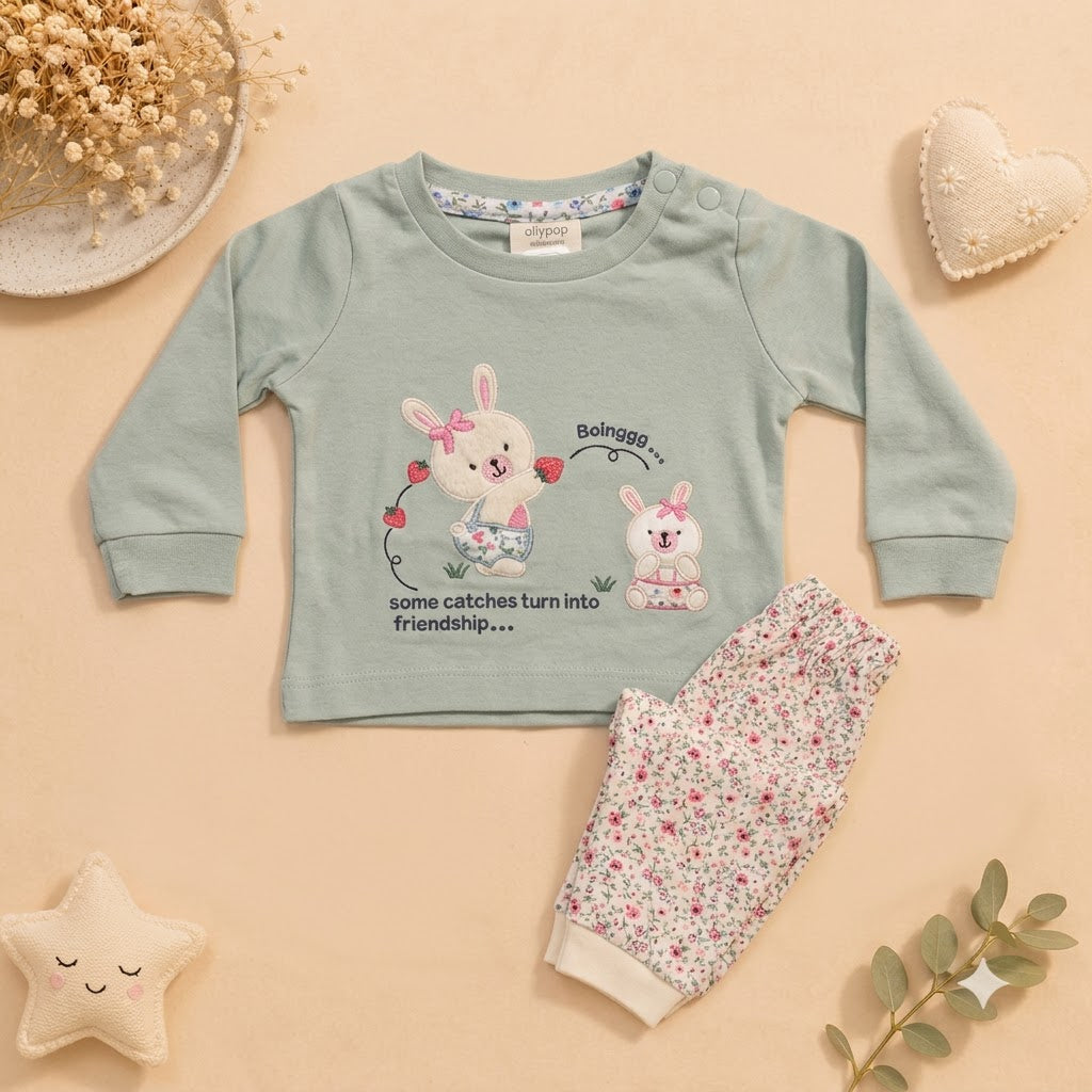 Baby Girls Sage Green Bunny & Floral Diaper Pant Set