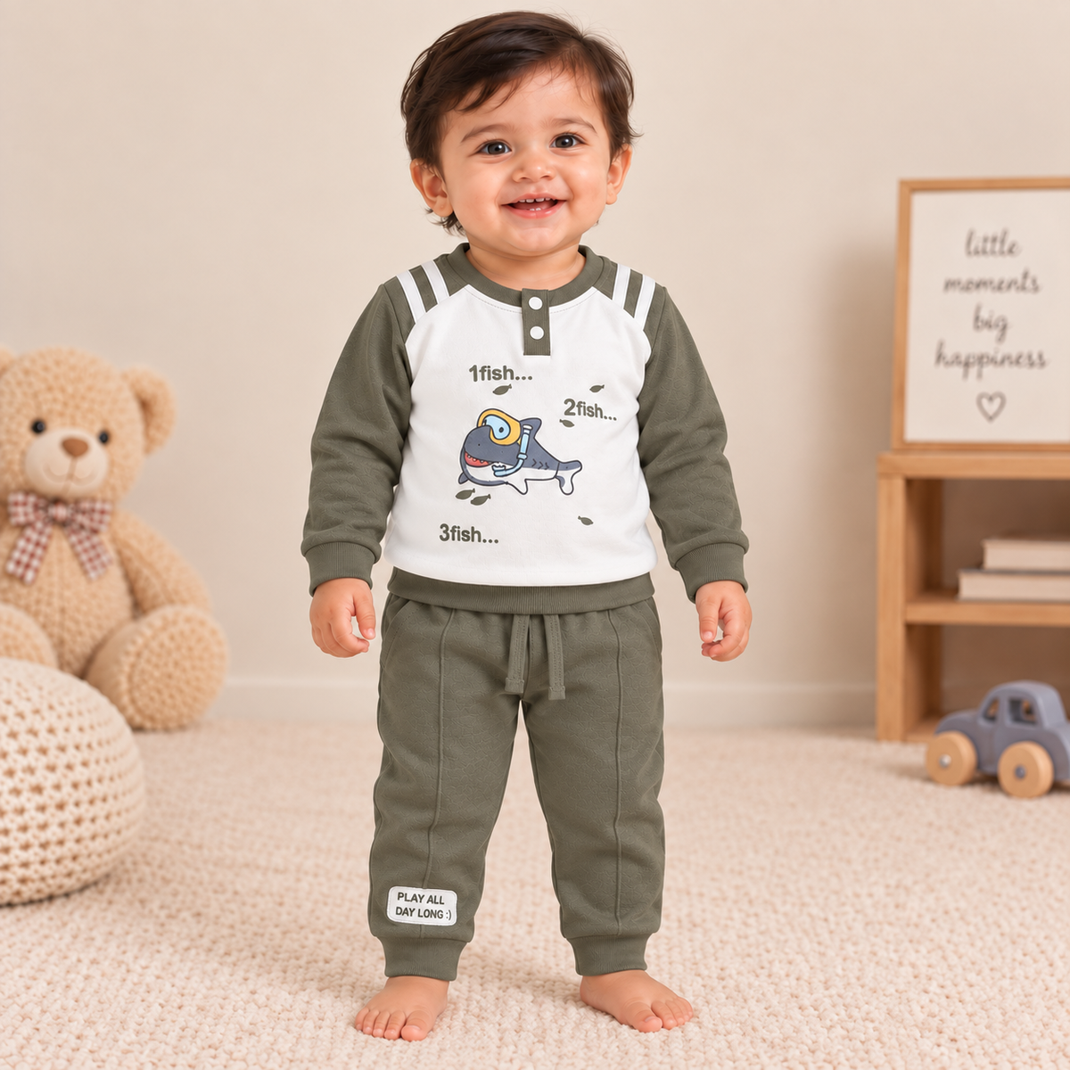 Boys Slate Blue Shark Henley Sweatshirt & Track Pant Set