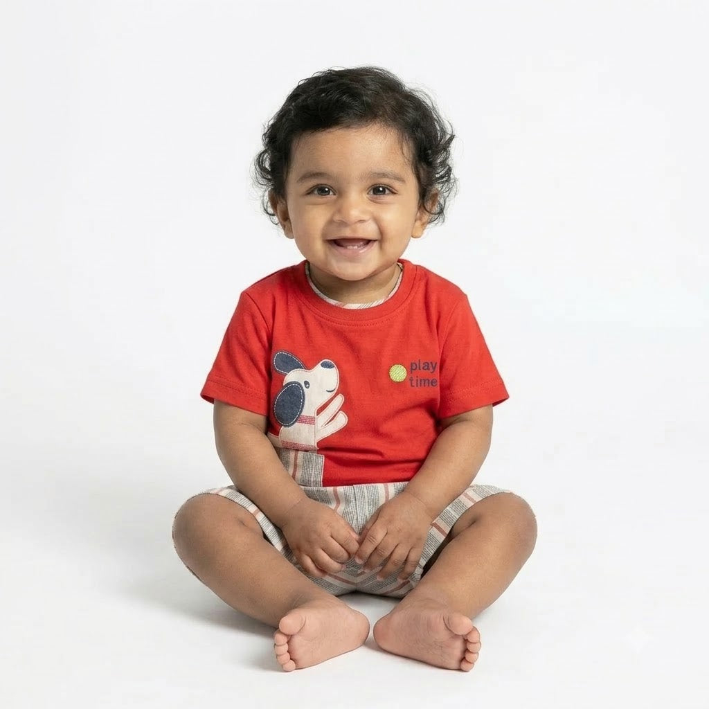 Boys Play Time Olive Puppy Graphic Tee and Striped Shorts Set