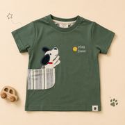 Boys Play Time Olive Puppy Graphic Tee and Striped Shorts Set