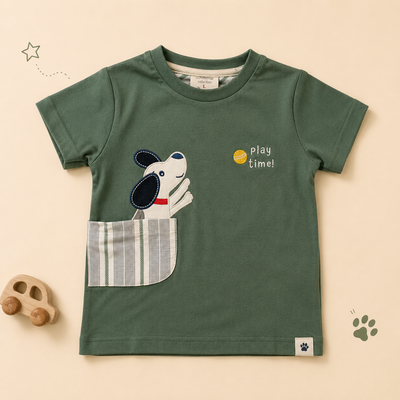 Boys Play Time Olive Puppy Graphic Tee and Striped Shorts Set