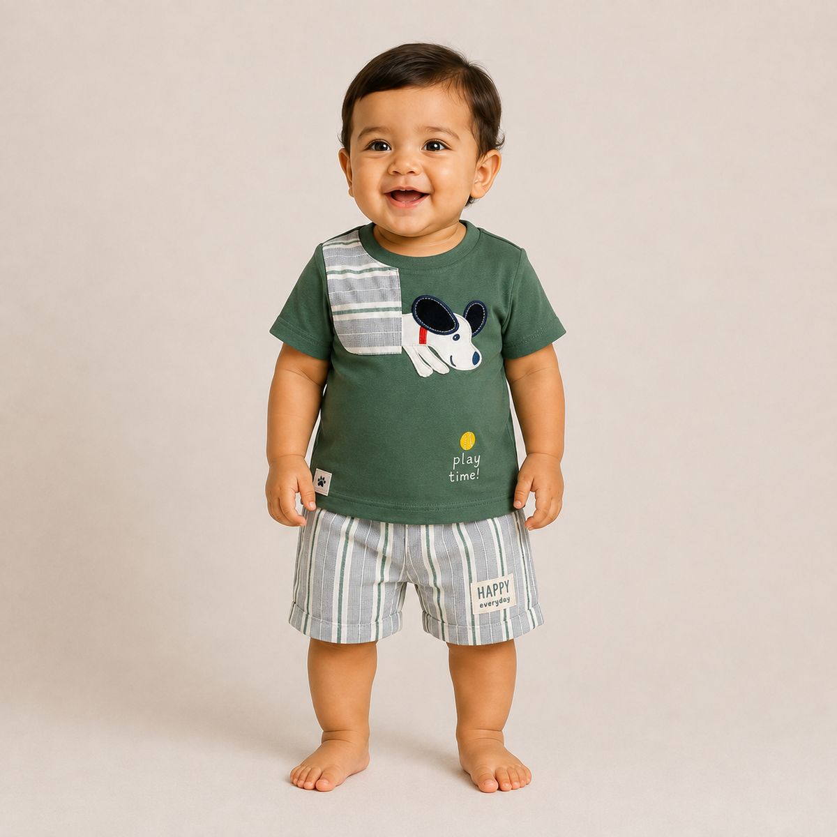 Boys Play Time Puppy Graphic Tee and Striped Shorts Set