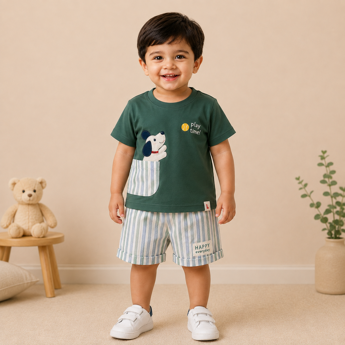 Boys Play Time Olive Puppy Graphic Tee and Striped Shorts Set
