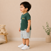 Boys Play Time Olive Puppy Graphic Tee and Striped Shorts Set