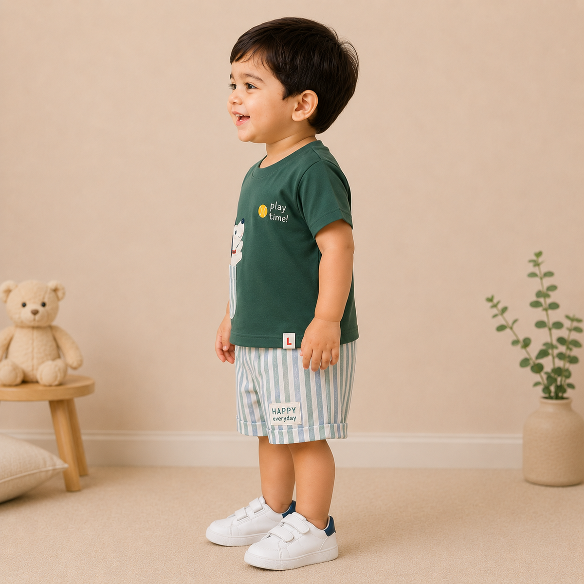 Boys Play Time Olive Puppy Graphic Tee and Striped Shorts Set