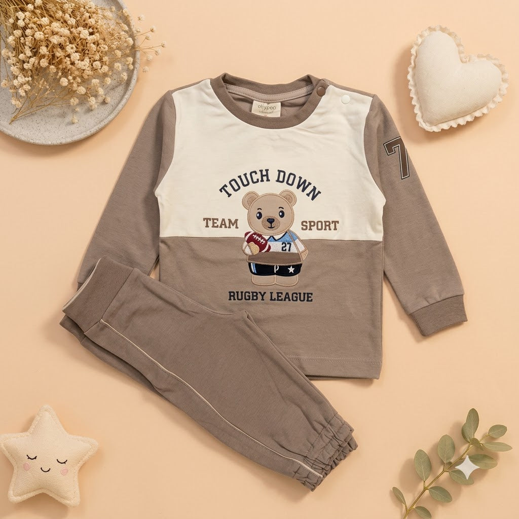 Baby Boys Beige & Mocha Rugby Bear Sweatshirt & Diaper Pant Set