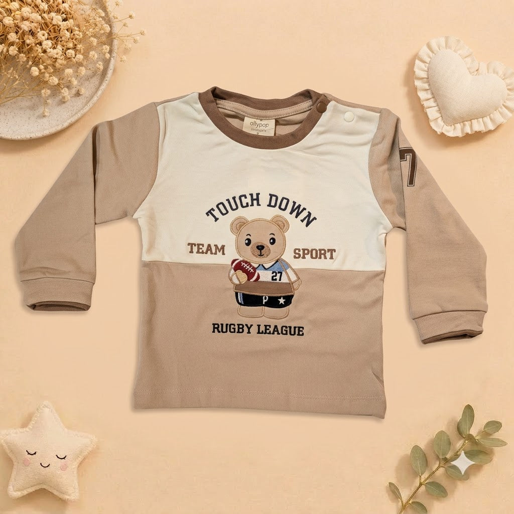 Baby Boys Beige & Mocha Rugby Bear Sweatshirt & Diaper Pant Set
