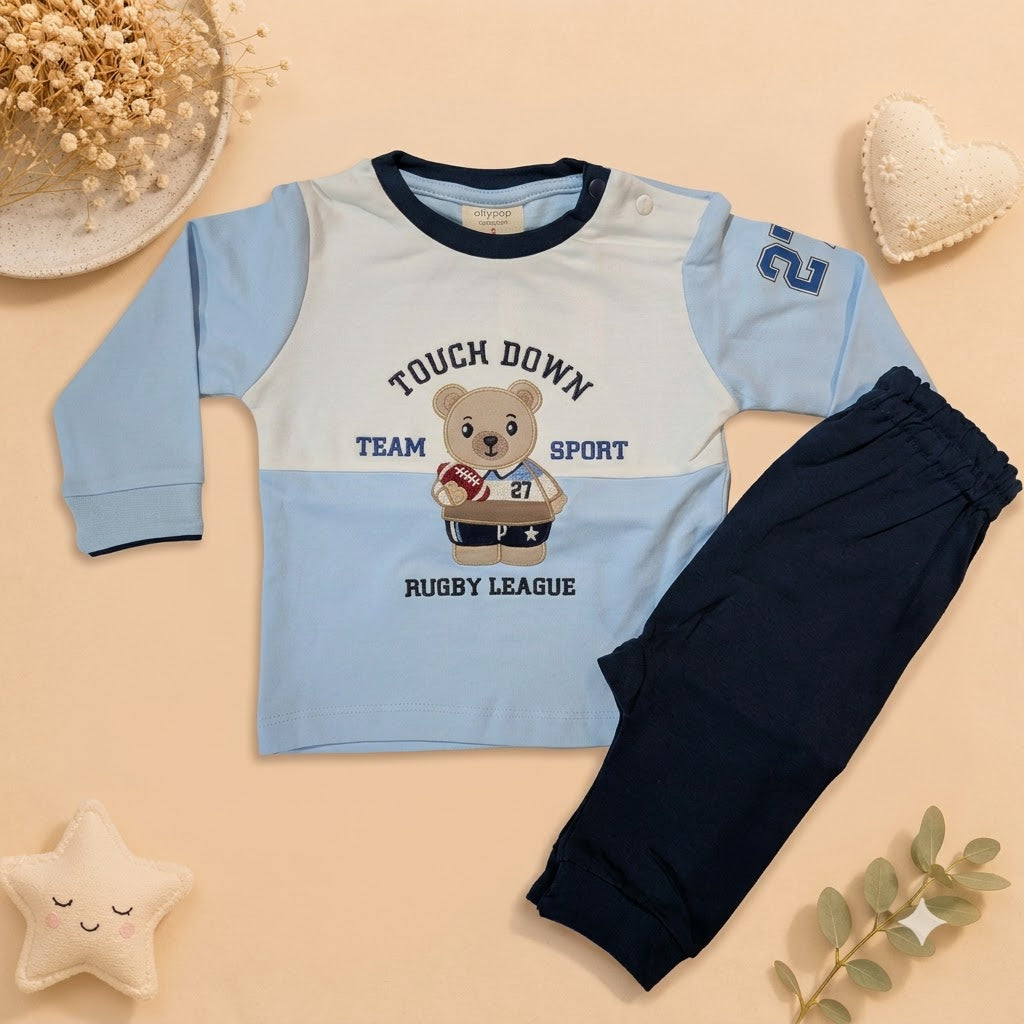Baby Boys Beige & Mocha Rugby Bear Sweatshirt & Diaper Pant Set