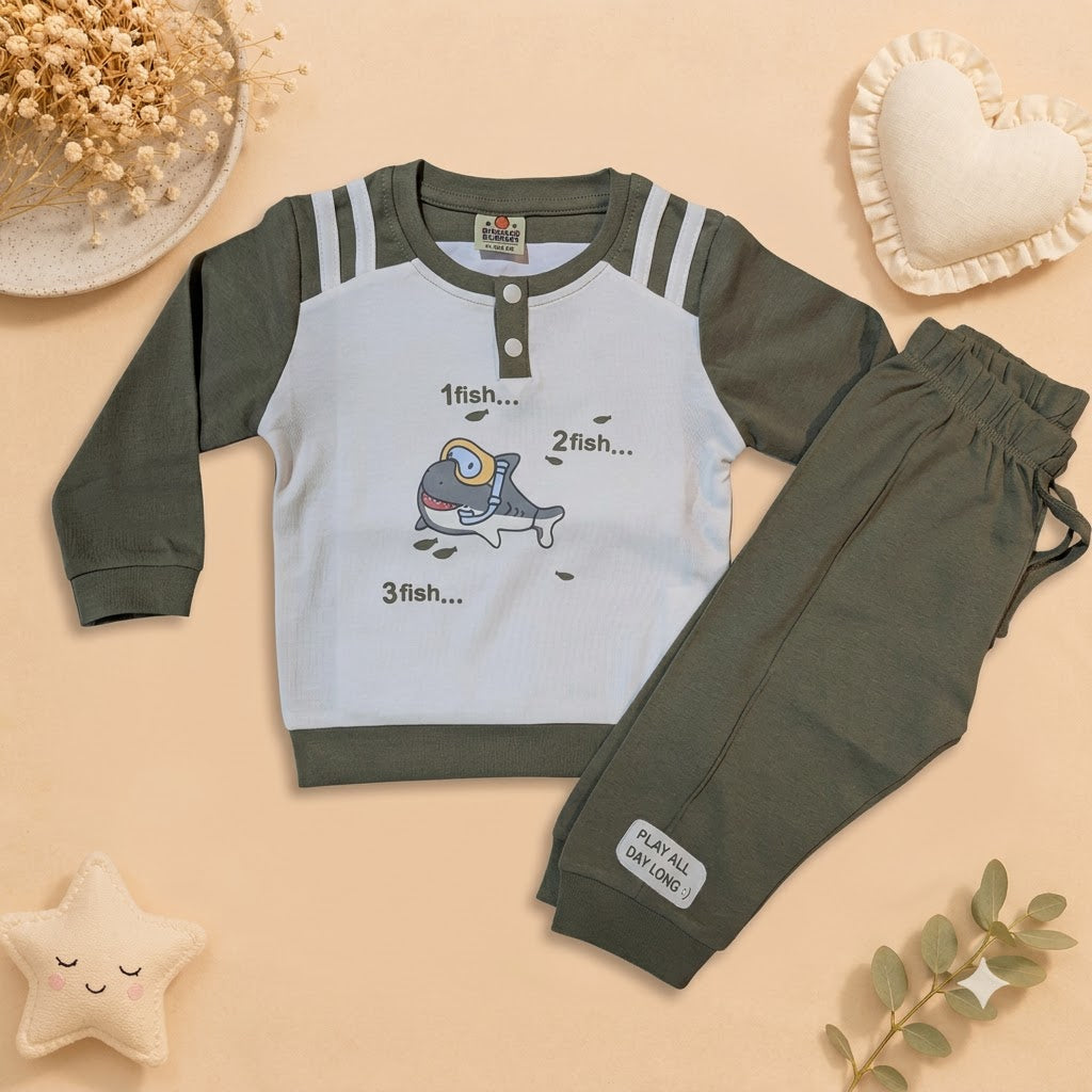 Boys Slate Blue Shark Henley Sweatshirt & Track Pant Set