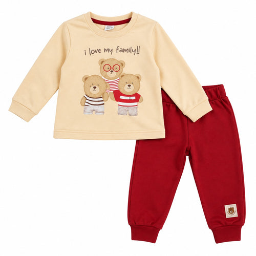 Baby Girls Beige & Crimson Bear Family Cotton Loungewear Set