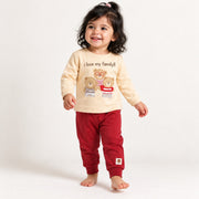 Baby Girls Beige & Crimson Bear Family Cotton Loungewear Set