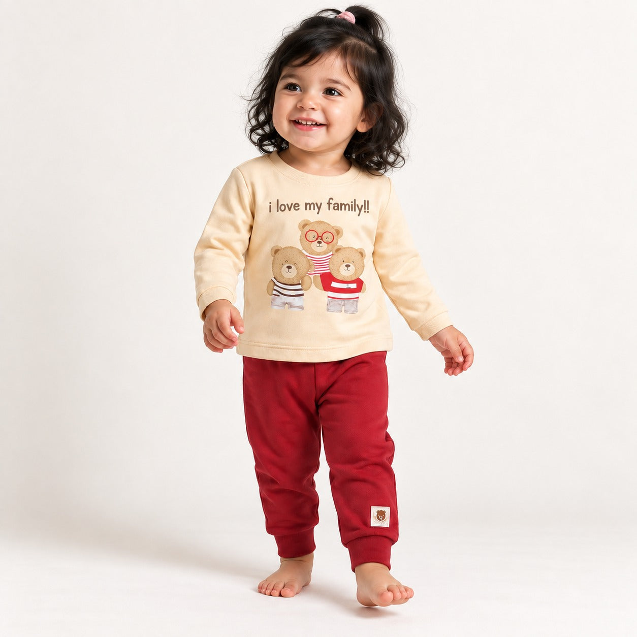 Baby Girls Beige & Crimson Bear Family Cotton Loungewear Set