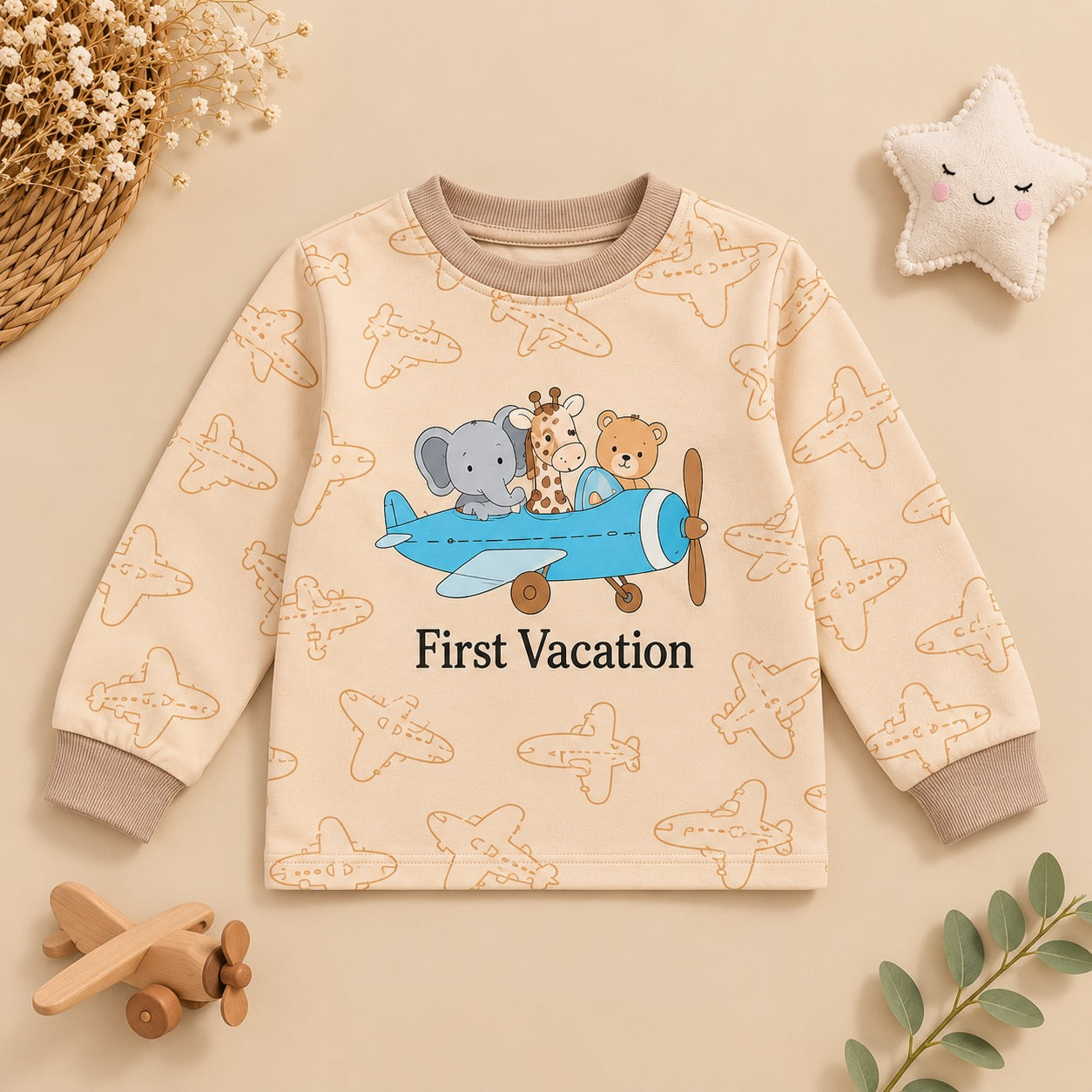 Unisex Beige First Vacation Airplane Cotton Loungewear Set