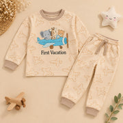 Unisex Beige First Vacation Airplane Cotton Loungewear Set