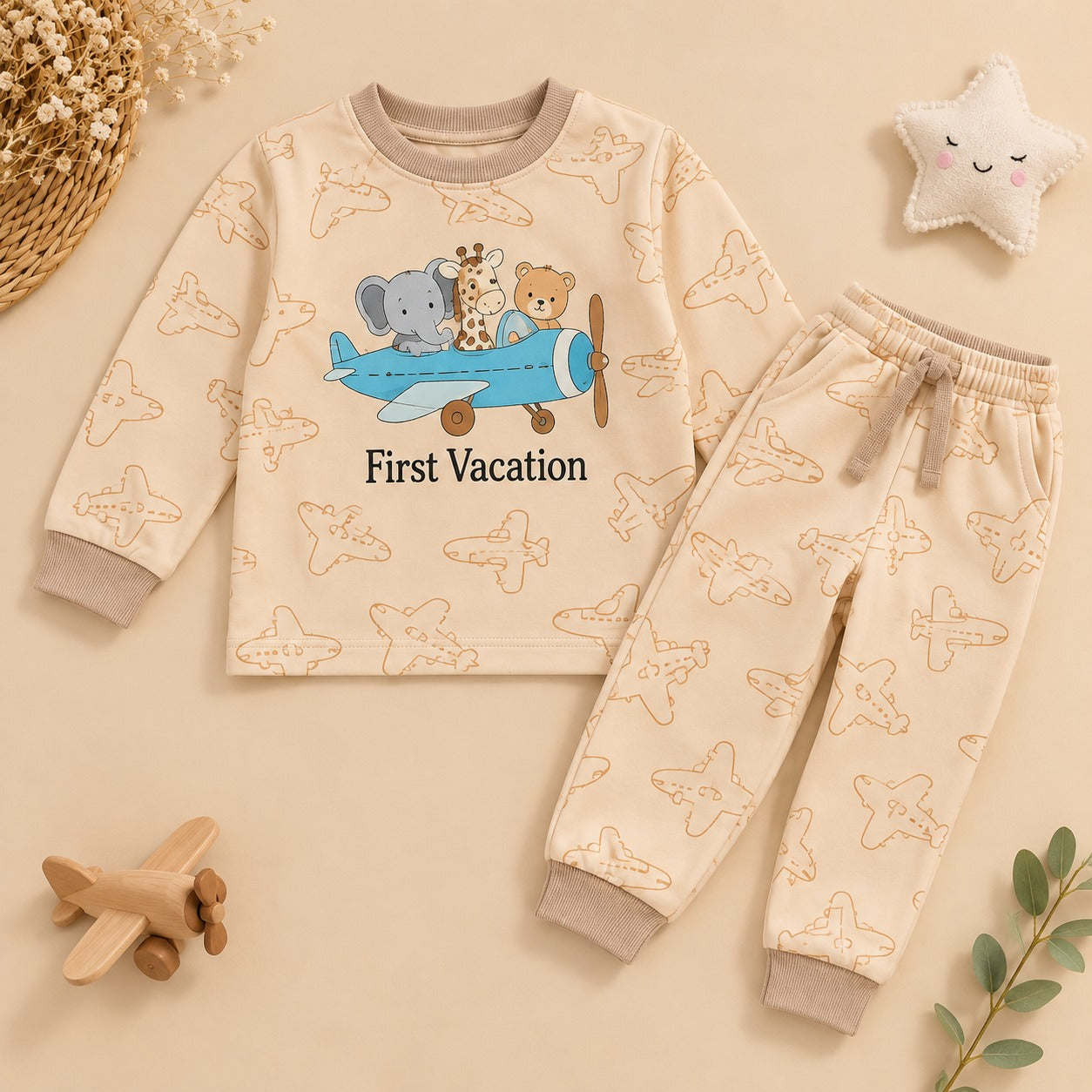 Unisex Beige First Vacation Airplane Cotton Loungewear Set