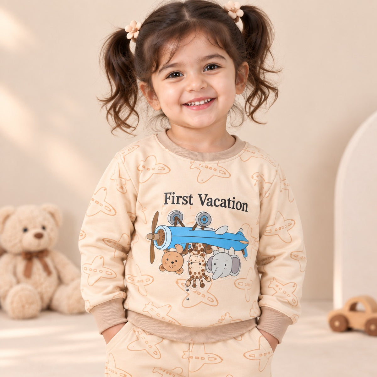 Unisex Beige First Vacation Airplane Cotton Loungewear Set