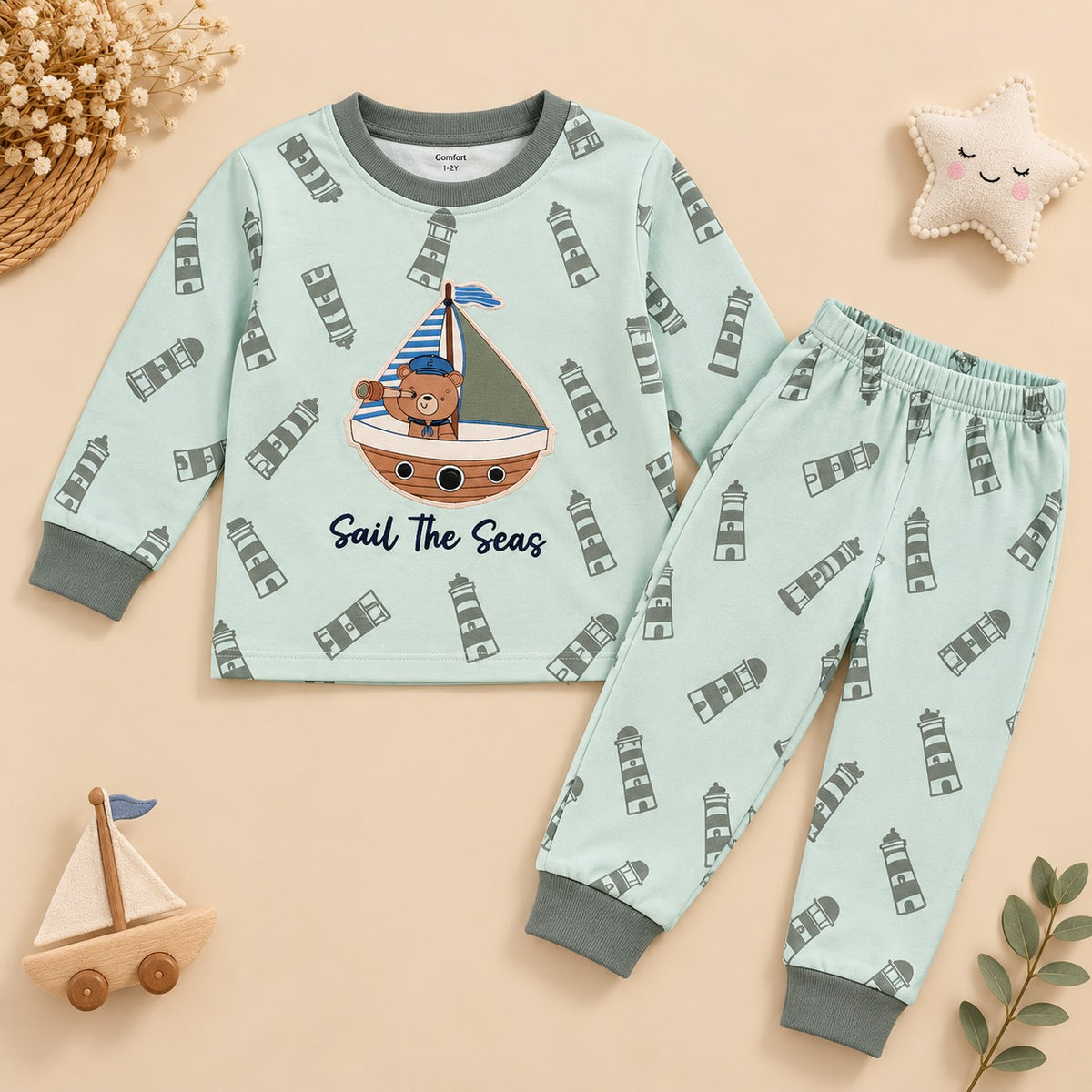 Unisex Mint Green Sail The Seas Bear Cotton Loungewear Set