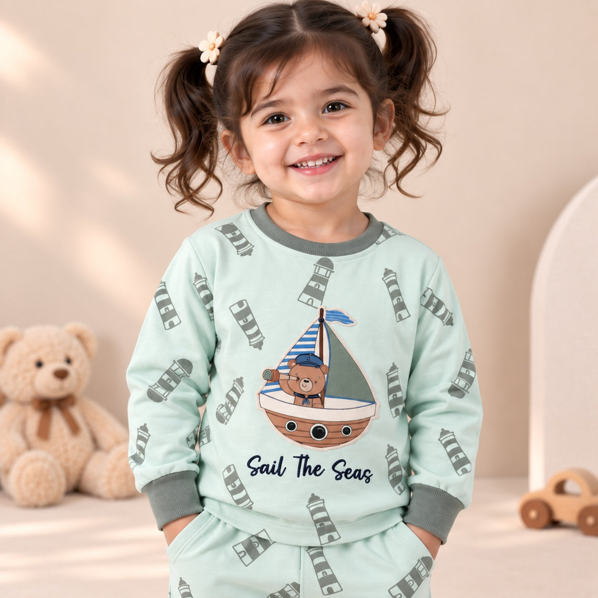 Unisex Mint Green Sail The Seas Bear Cotton Loungewear Set