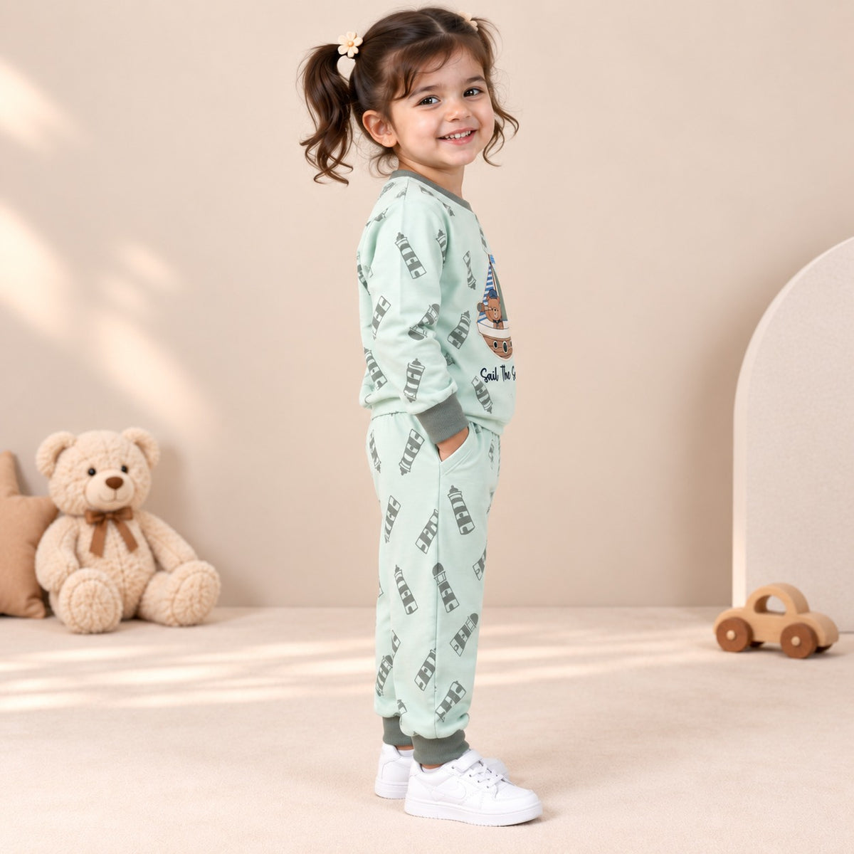 Unisex Mint Green Sail The Seas Bear Cotton Loungewear Set