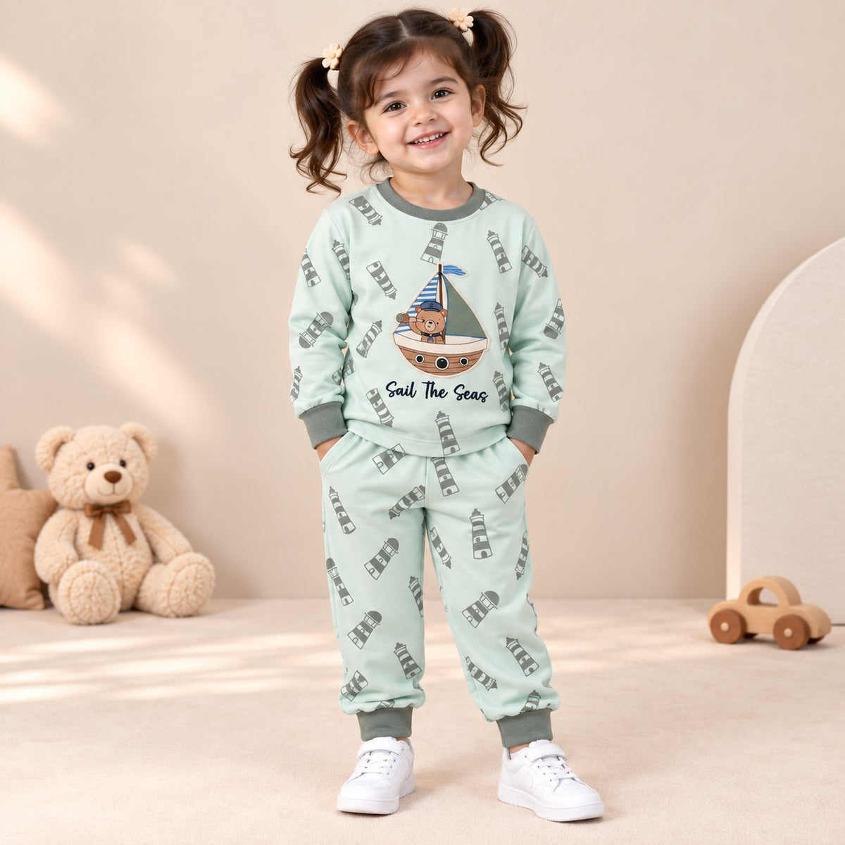 Unisex Mint Green Sail The Seas Bear Cotton Loungewear Set