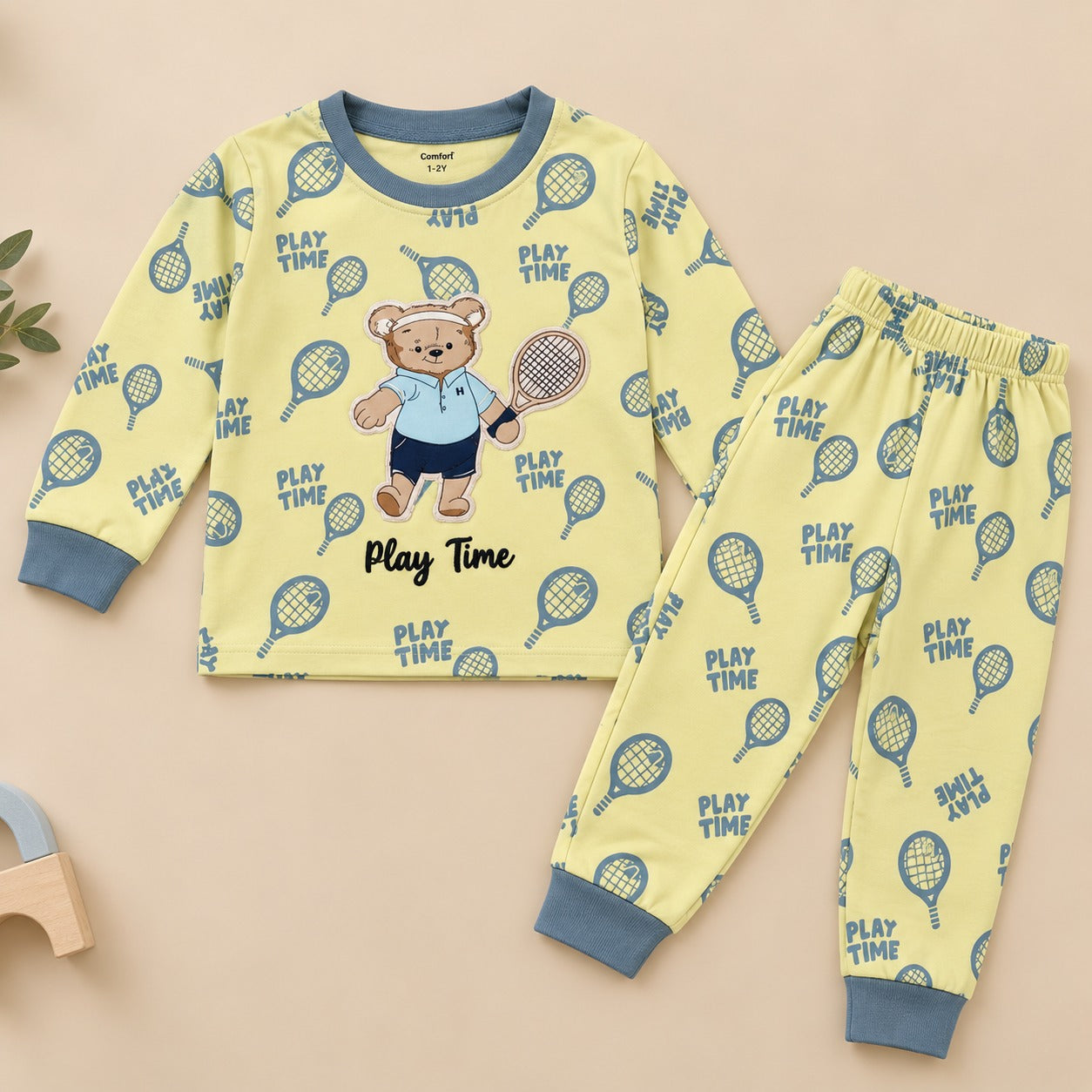 Unisex Lime Green Tennis Bear Cotton Loungewear Set