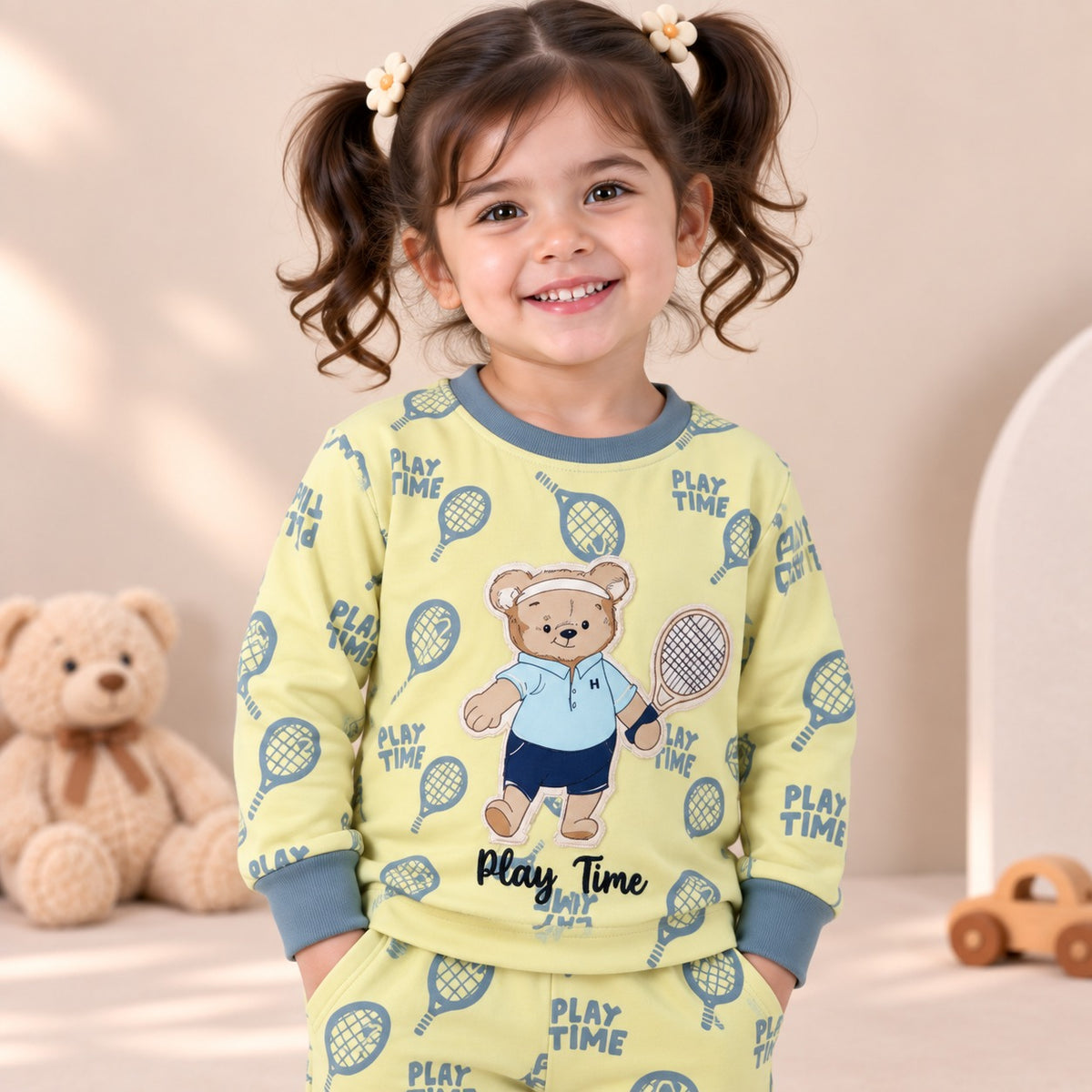 Unisex Lime Green Tennis Bear Cotton Loungewear Set