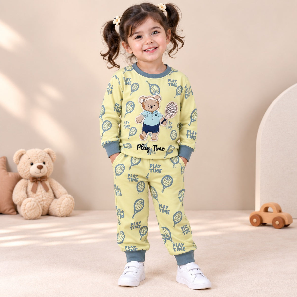 Unisex Lime Green Tennis Bear Cotton Loungewear Set