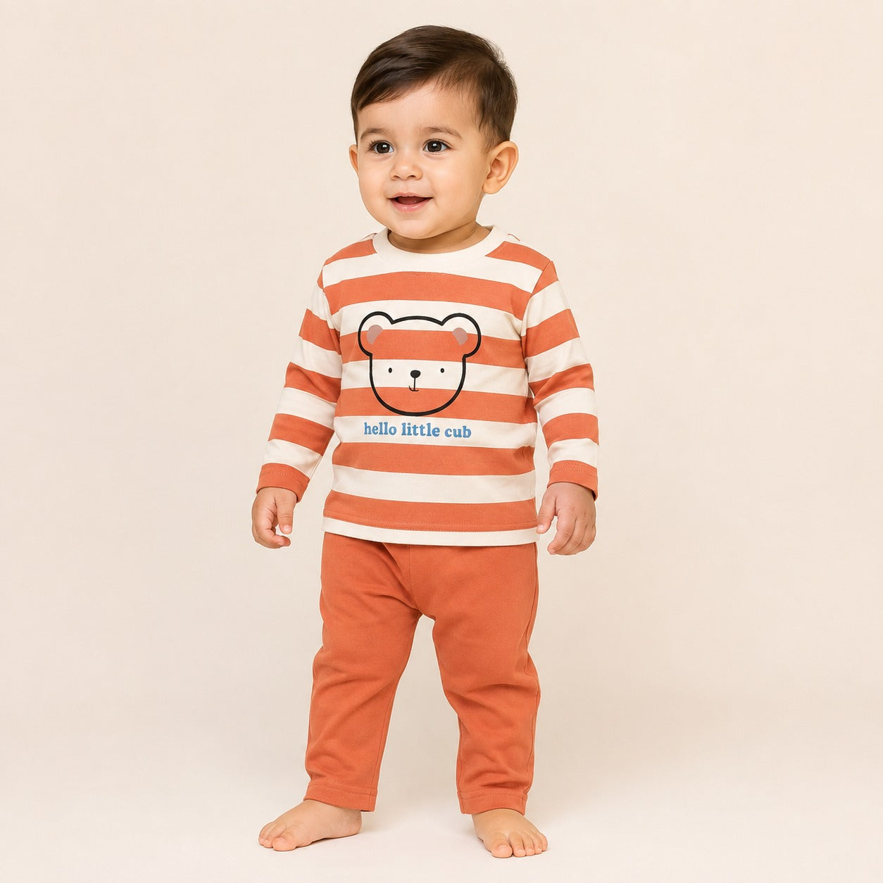 Boys Rust Orange Striped Bear Cotton Loungewear Set