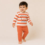 Boys Rust Orange Striped Bear Cotton Loungewear Set