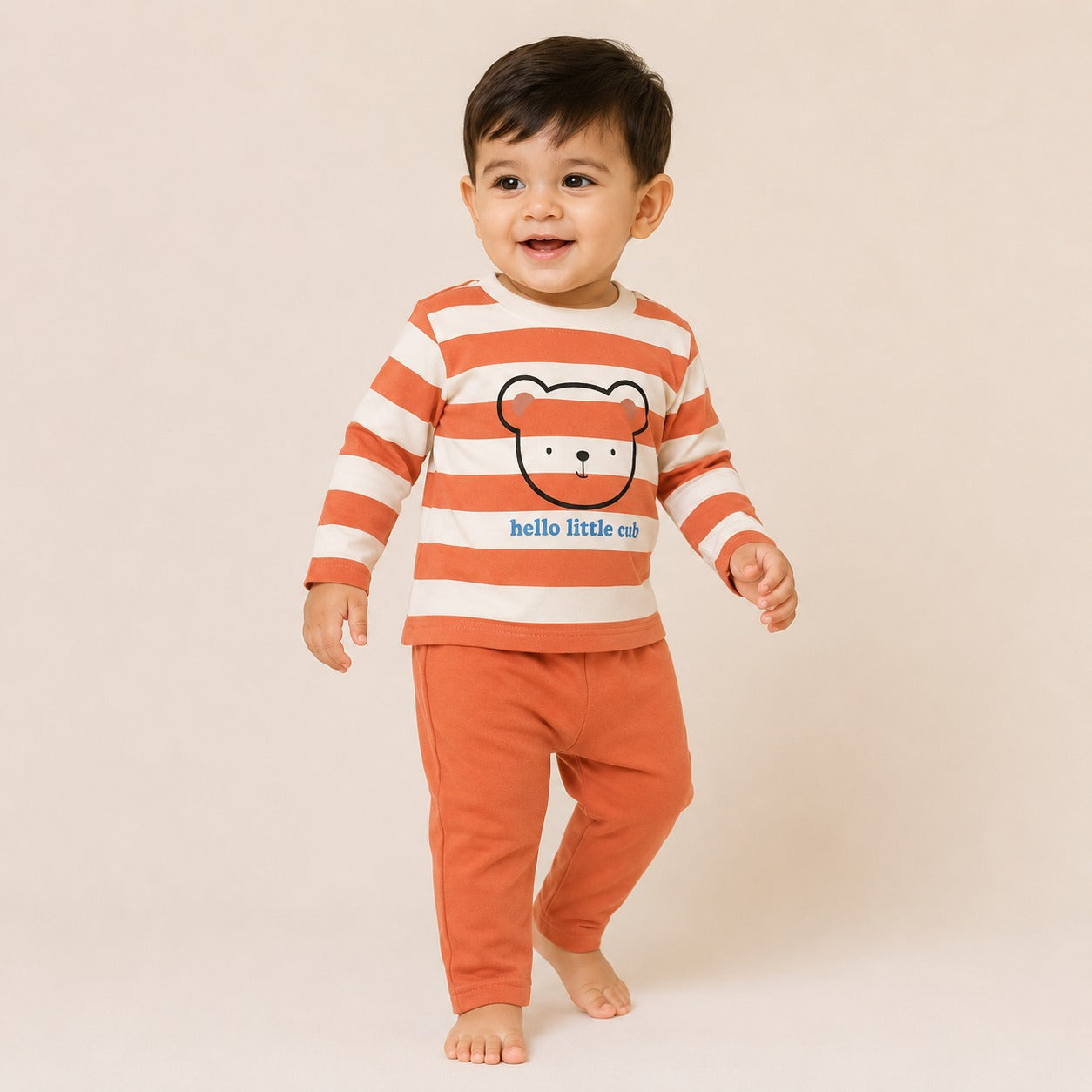 Boys Rust Orange Striped Bear Cotton Loungewear Set
