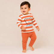 Boys Rust Orange Striped Bear Cotton Loungewear Set