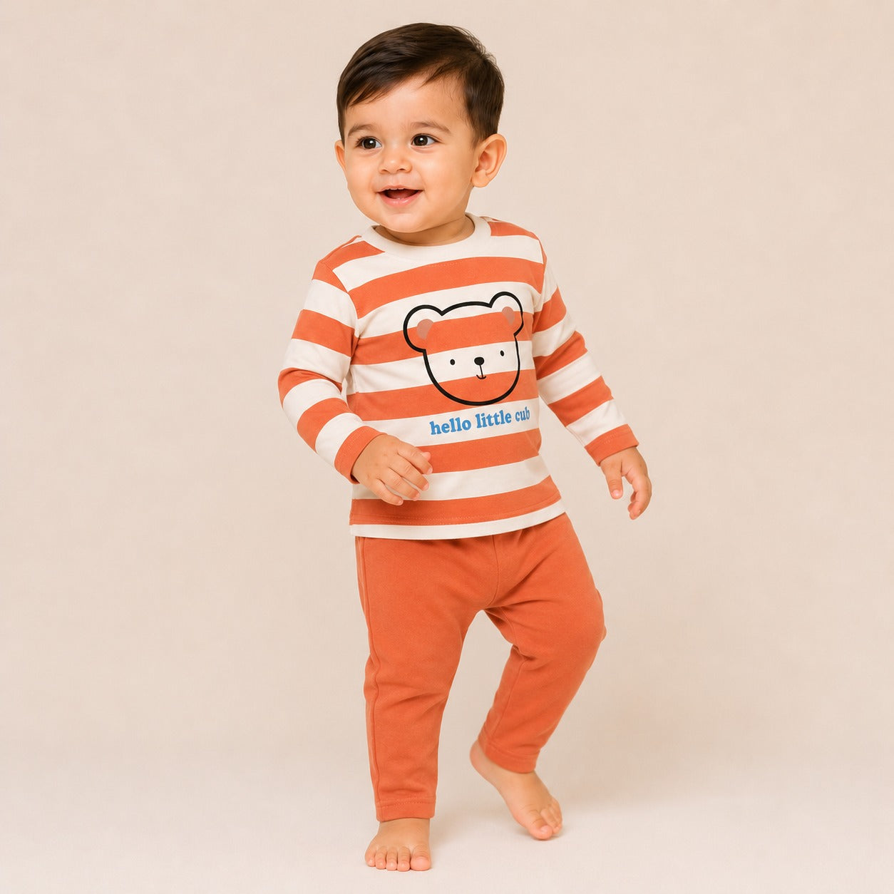 Boys Rust Orange Striped Bear Cotton Loungewear Set