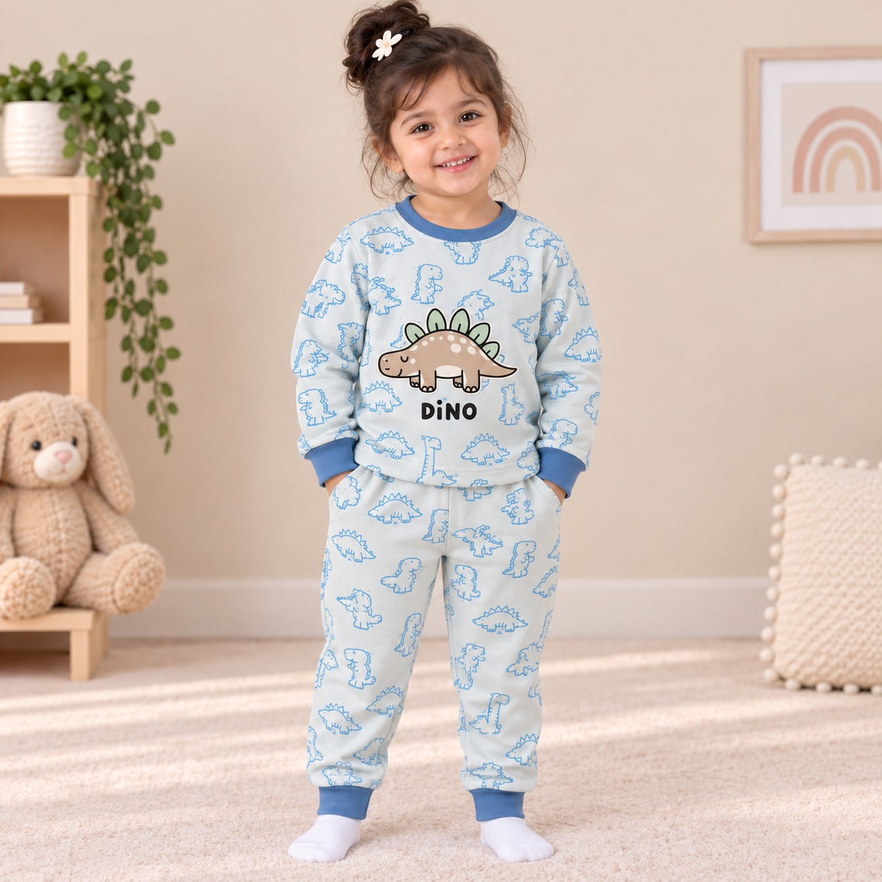 Unisex Light Blue Stegosaurus Dino Cotton Loungewear Set