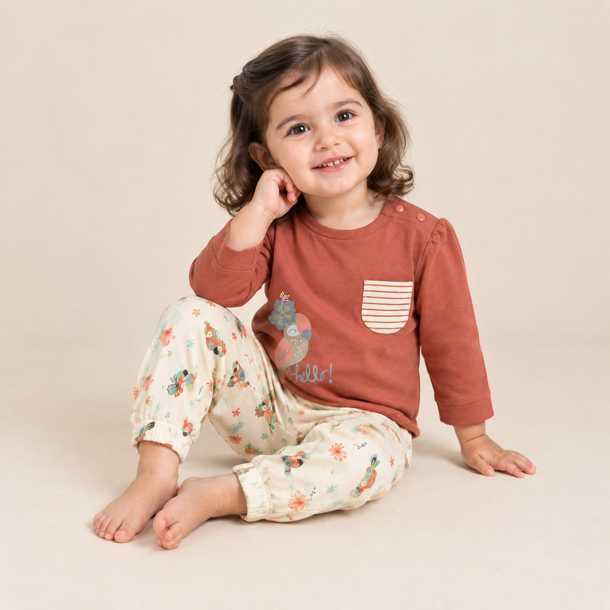 Girls Rust Brown Tropical Parrot Sweatshirt & Printed Pant Set