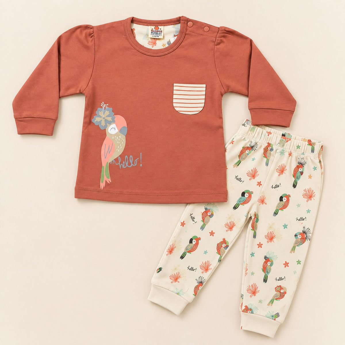 Girls Rust Brown Tropical Parrot Sweatshirt & Printed Pant Set