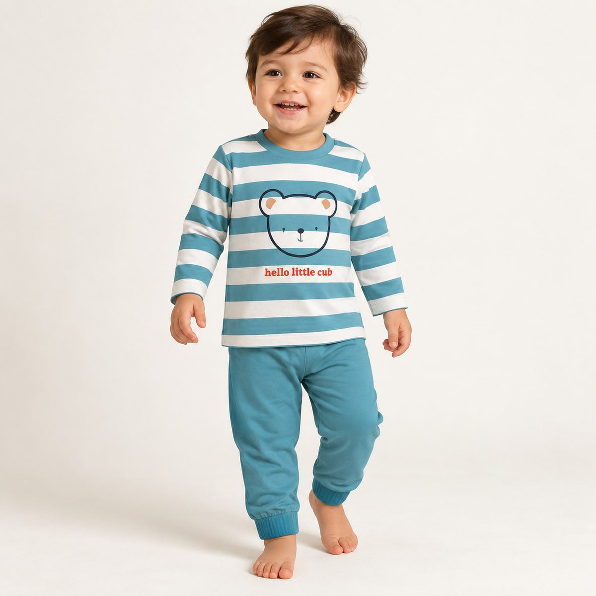 Boys Rust Orange Striped Bear Cotton Loungewear Set