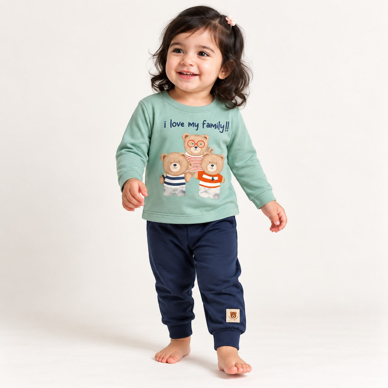 Baby Girls Beige & Crimson Bear Family Cotton Loungewear Set