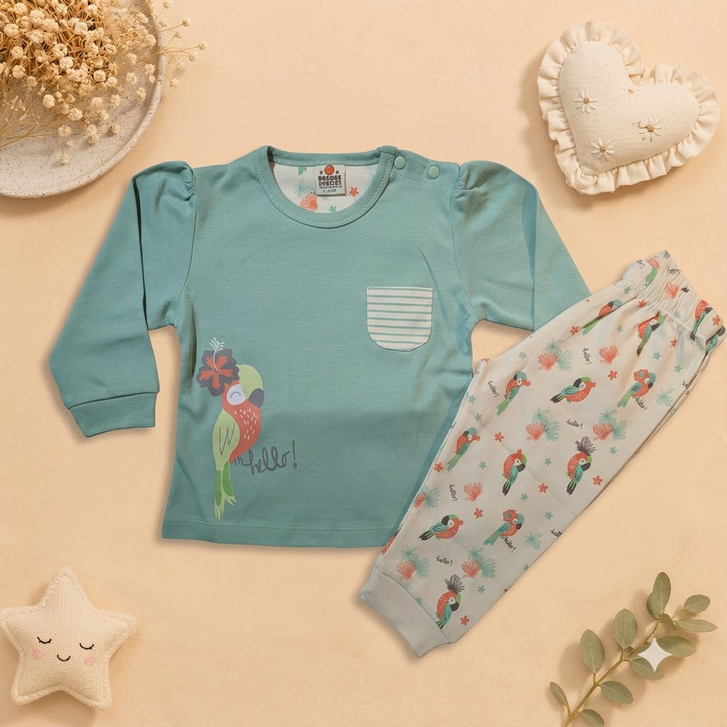 Girls Sage Green Tropical Toucan Sweatshirt & Printed Pant Set