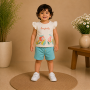 Girls Love Fruits Flutter Sleeve Top and Turquoise Shorts Set