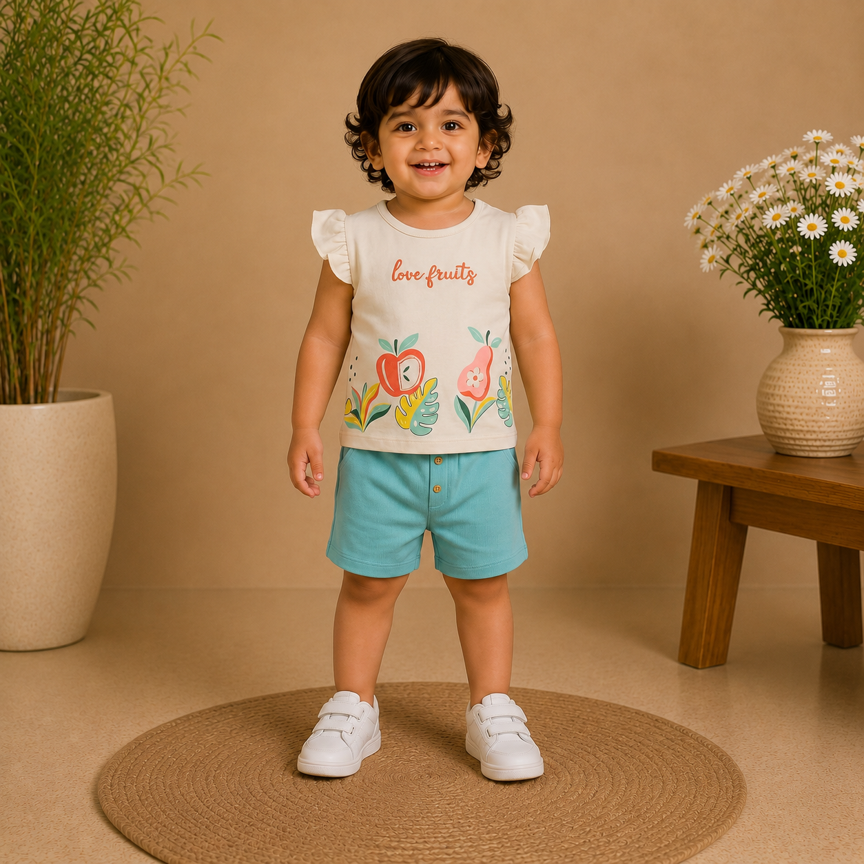 Girls Love Fruits Flutter Sleeve Top and Turquoise Shorts Set