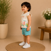 Girls Love Fruits Flutter Sleeve Top and Turquoise Shorts Set