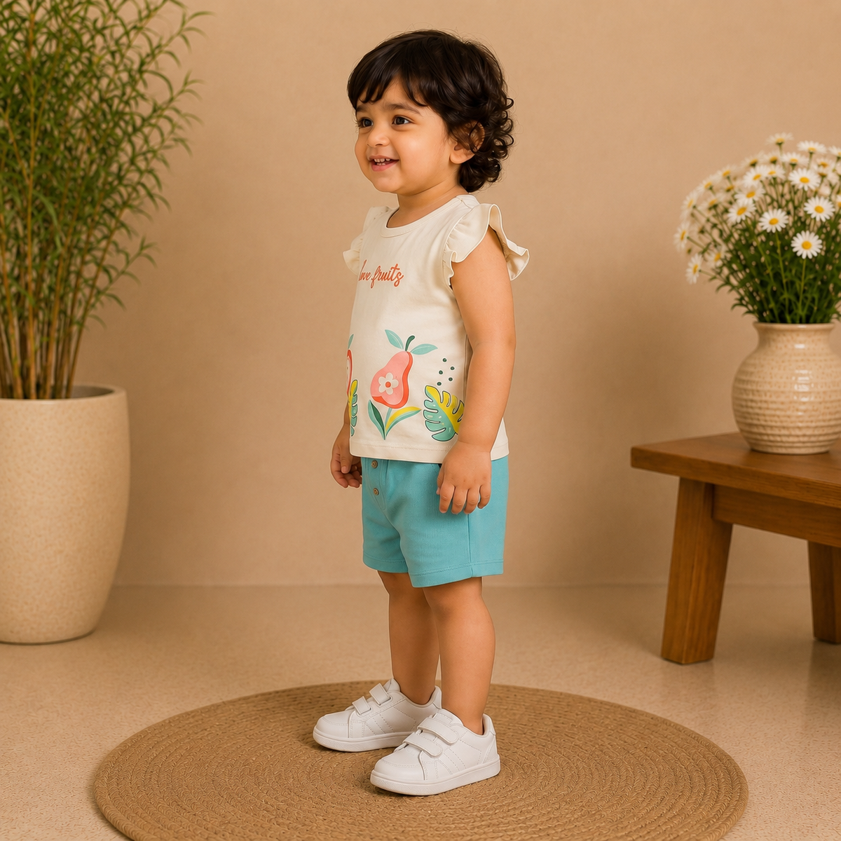 Girls Love Fruits Flutter Sleeve Top and Turquoise Shorts Set