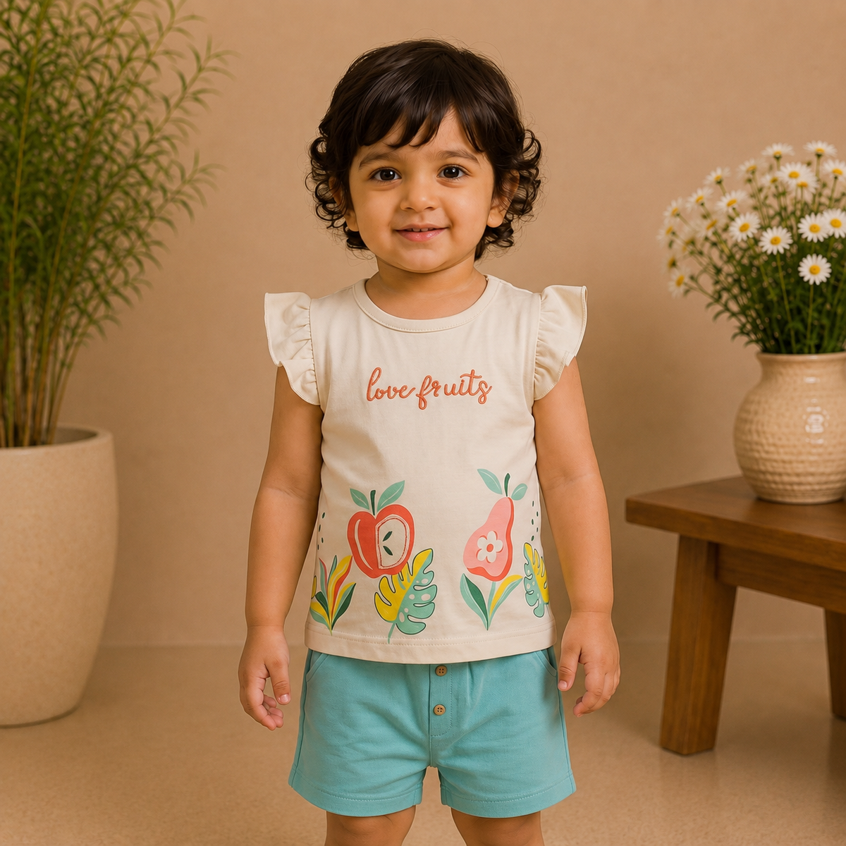 Girls Love Fruits Flutter Sleeve Top and Turquoise Shorts Set