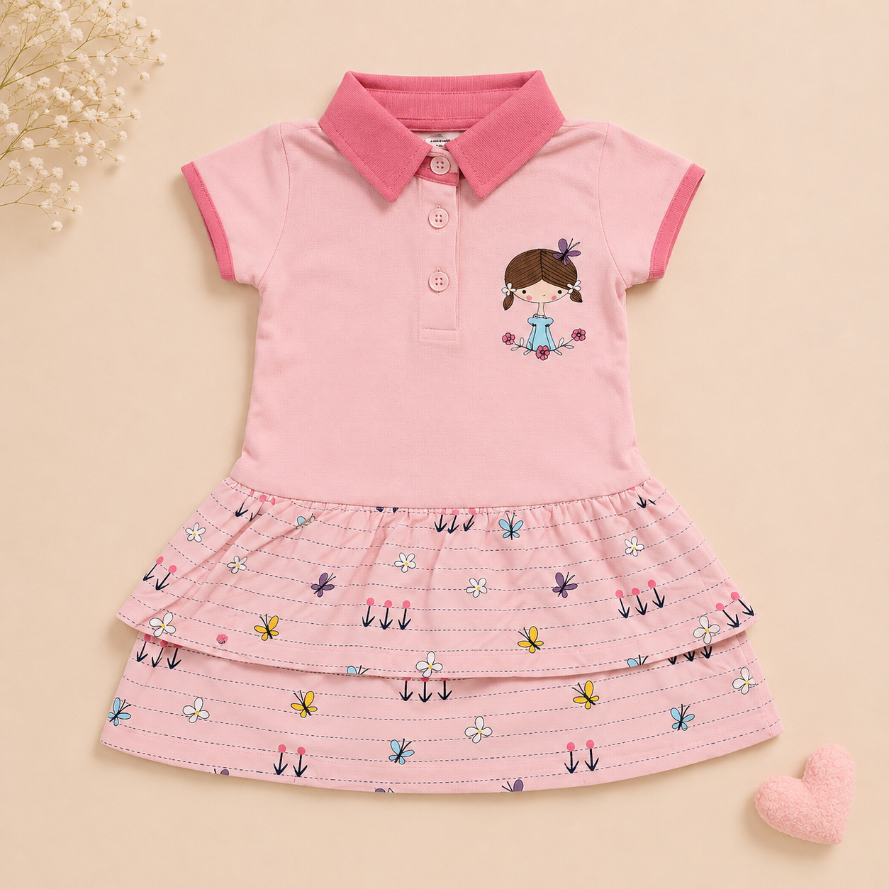 Baby Girls Dusty Pink Little Girl Graphic Tiered Polo Dress