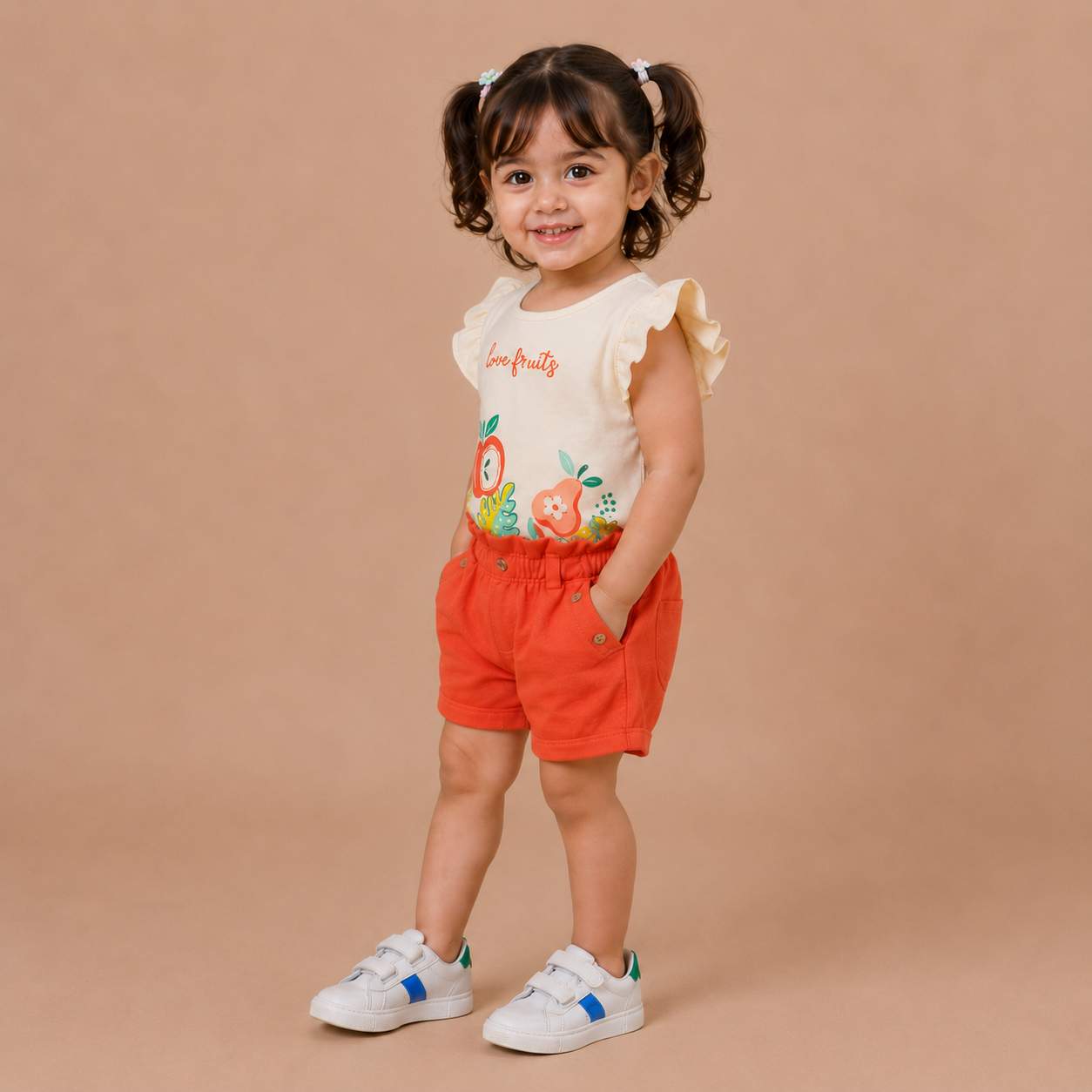 Girls Love Fruits Flutter Sleeve Top and Coral Shorts Set