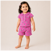 Baby Girls Maroon Bow Print Peter Pan Collar Top and Shorts Set