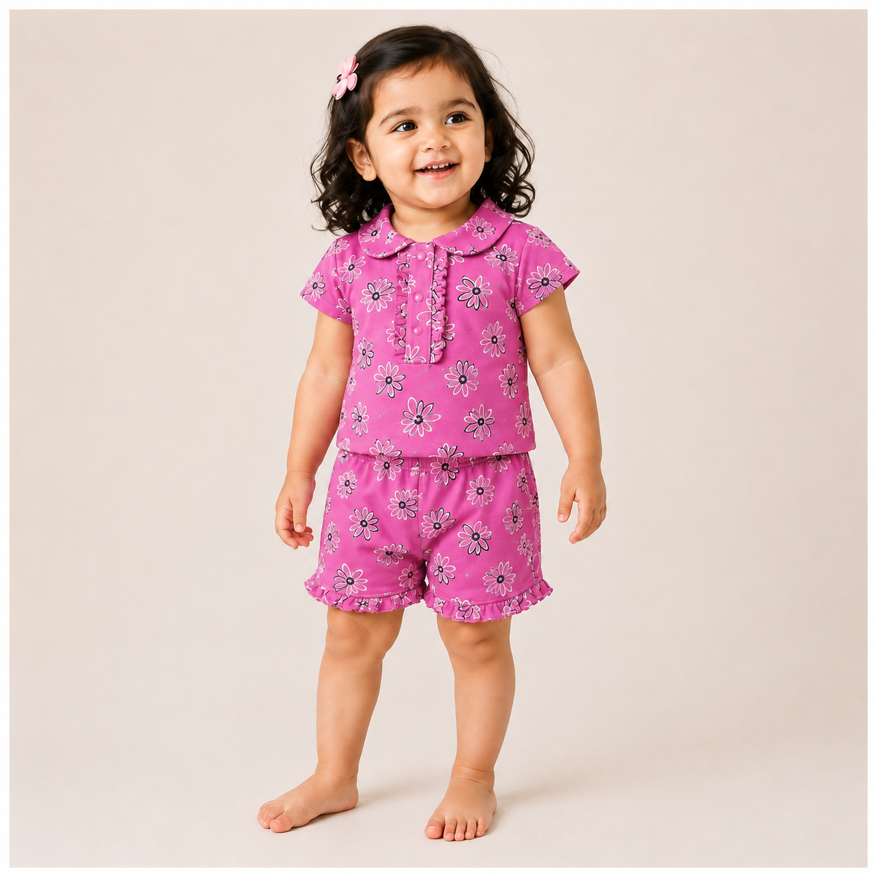 Baby Girls Maroon Bow Print Peter Pan Collar Top and Shorts Set