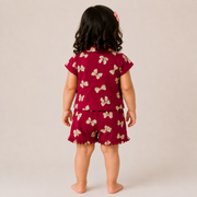Baby Girls Maroon Bow Print Peter Pan Collar Top and Shorts Set